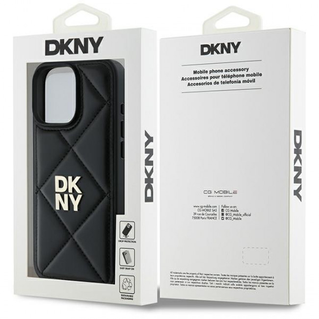 DKNY iPhone 16 Pro - Quilted Stack Logo Σκληρή Θήκη με Επένδυση Συνθετικού Δέρματος - Black