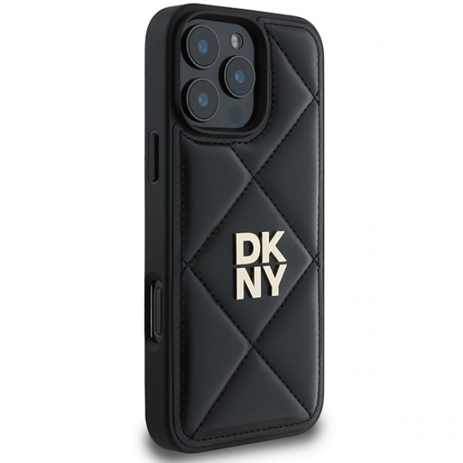 DKNY iPhone 16 Pro - Quilted Stack Logo Σκληρή Θήκη με Επένδυση Συνθετικού Δέρματος - Black