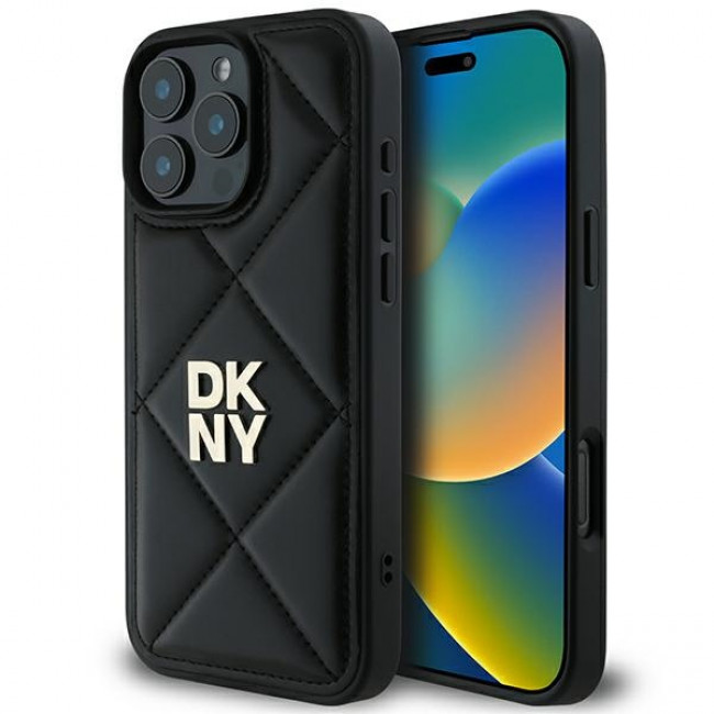 DKNY iPhone 16 Pro - Quilted Stack Logo Σκληρή Θήκη με Επένδυση Συνθετικού Δέρματος - Black