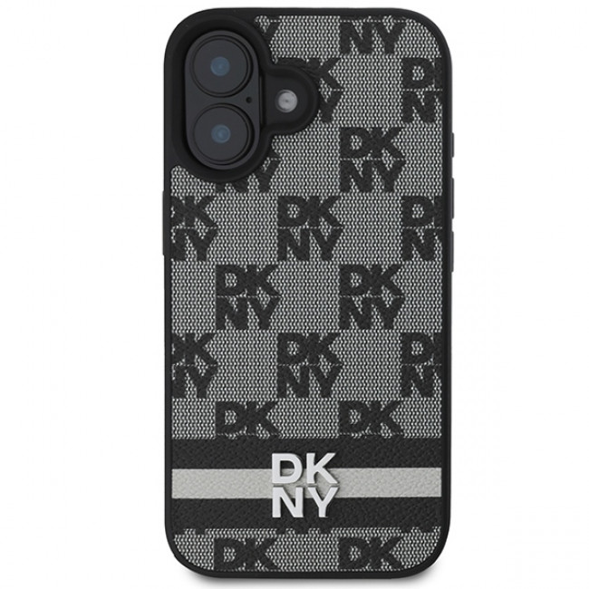 DKNY iPhone 16 - Checkered Pattern and Printed Stripes Σκληρή Θήκη με Επένδυση Συνθετικού Δέρματος - Black