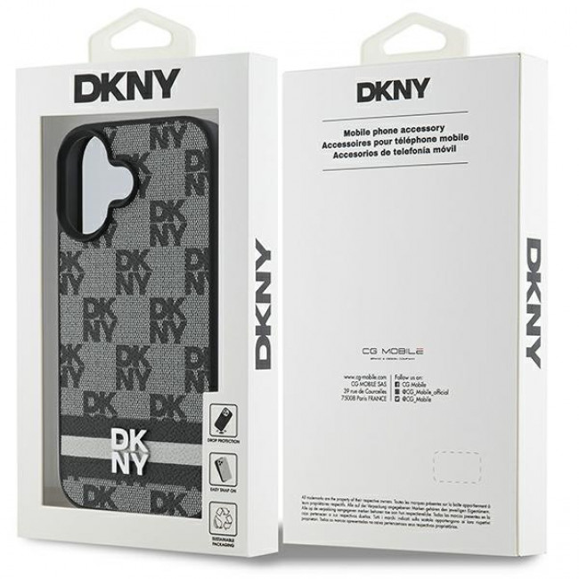 DKNY iPhone 16 - Checkered Pattern and Printed Stripes Σκληρή Θήκη με Επένδυση Συνθετικού Δέρματος - Black