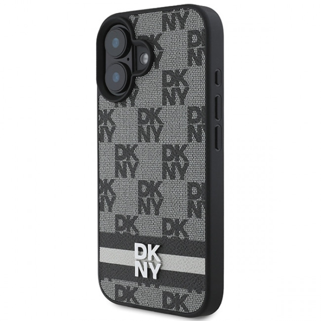 DKNY iPhone 16 - Checkered Pattern and Printed Stripes Σκληρή Θήκη με Επένδυση Συνθετικού Δέρματος - Black