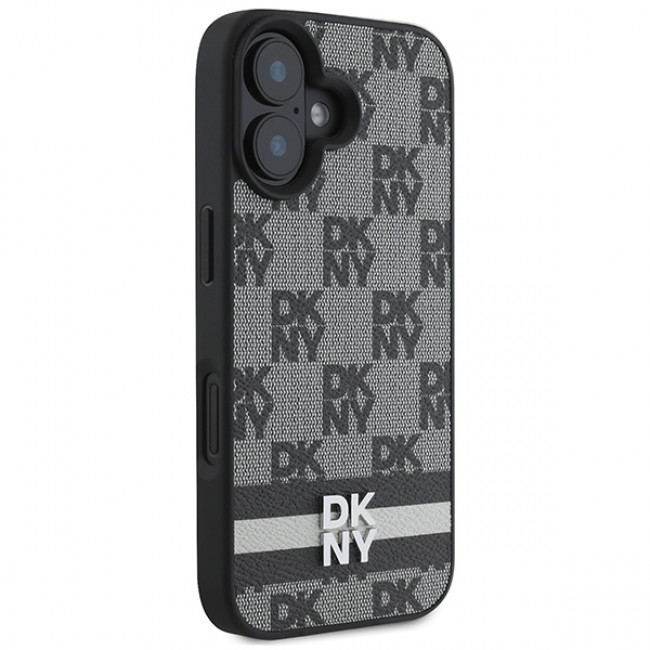 DKNY iPhone 16 - Checkered Pattern and Printed Stripes Σκληρή Θήκη με Επένδυση Συνθετικού Δέρματος - Black