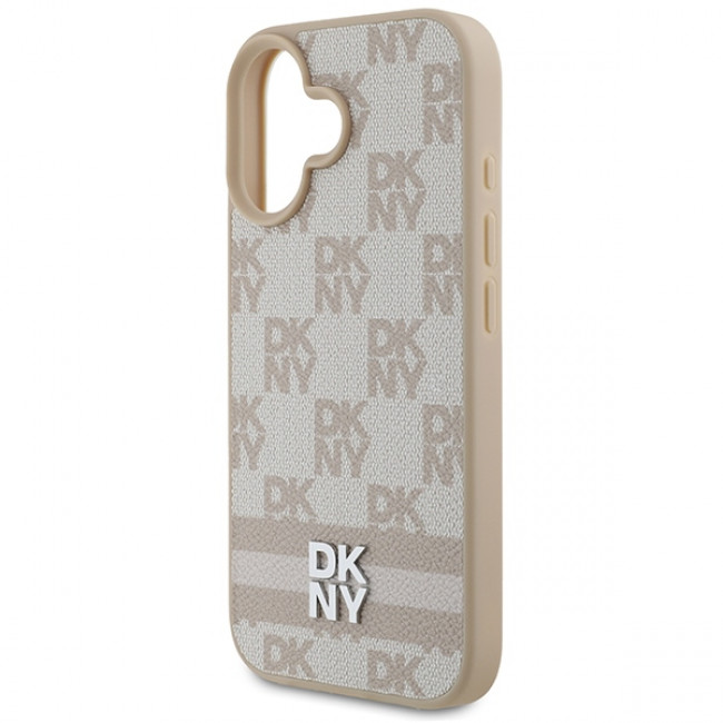 DKNY iPhone 16 - Checkered Pattern and Printed Stripes Σκληρή Θήκη με Επένδυση Συνθετικού Δέρματος - Pink