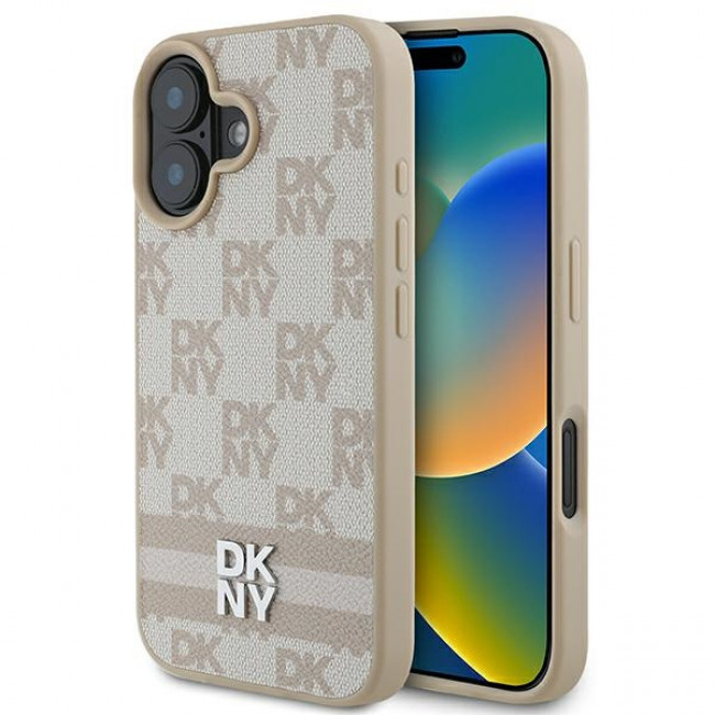 DKNY iPhone 16 - Checkered Pattern and Printed Stripes Σκληρή Θήκη με Επένδυση Συνθετικού Δέρματος - Pink