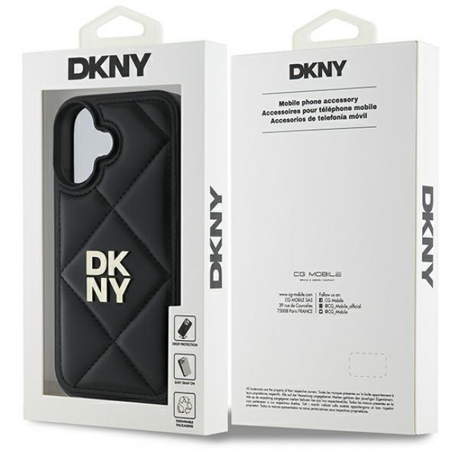 DKNY iPhone 16 - Quilted Stack Logo Σκληρή Θήκη με Επένδυση Συνθετικού Δέρματος - Black