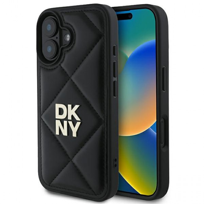 DKNY iPhone 16 - Quilted Stack Logo Σκληρή Θήκη με Επένδυση Συνθετικού Δέρματος - Black