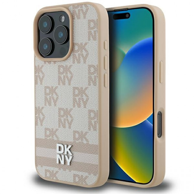 DKNY iPhone 16 Pro Max - Checkered Pattern and Printed Stripes Σκληρή Θήκη με Επένδυση Συνθετικού Δέρματος - Pink