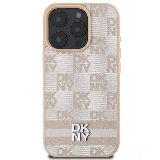 DKNY iPhone 16 Pro Max - Checkered Pattern and Printed Stripes Σκληρή Θήκη με Επένδυση Συνθετικού Δέρματος - Pink