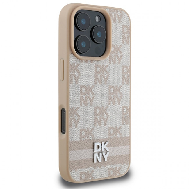 DKNY iPhone 16 Pro Max - Checkered Pattern and Printed Stripes Σκληρή Θήκη με Επένδυση Συνθετικού Δέρματος - Pink