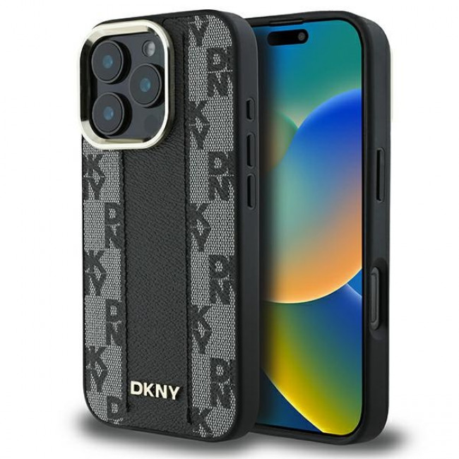 DKNY iPhone 16 Pro - Checkered Pattern - MagSafe Σκληρή Θήκη με Επένδυση Συνθετικού Δέρματος - Black