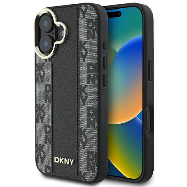 DKNY iPhone 16 Plus - Checkered Pattern Magsafe Σκληρή Θήκη με Επένδυση Συνθετικού Δέρματος - Black