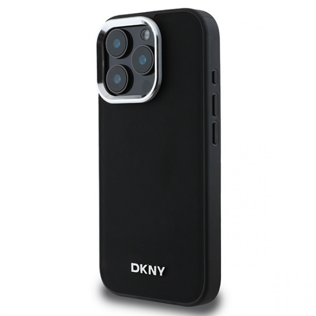 DKNY iPhone 16 Pro - Plain Silver Logo MagSafe Σκληρή Θήκη με Επένδυση Συνθετικού Δέρματος - Black