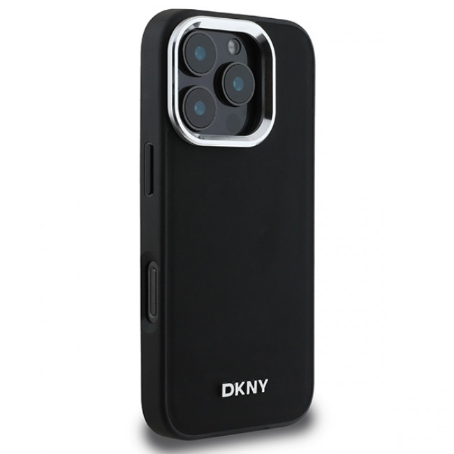 DKNY iPhone 16 Pro - Plain Silver Logo MagSafe Σκληρή Θήκη με Επένδυση Συνθετικού Δέρματος - Black