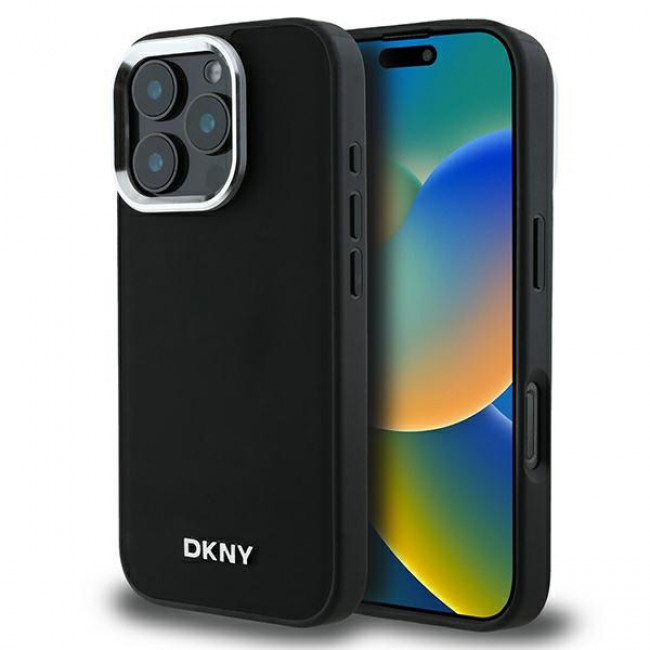 DKNY iPhone 16 Pro - Plain Silver Logo MagSafe Σκληρή Θήκη με Επένδυση Συνθετικού Δέρματος - Black