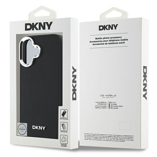 DKNY iPhone 16 - Plain Silver Logo MagSafe Σκληρή Θήκη με Επένδυση Συνθετικού Δέρματος - Black