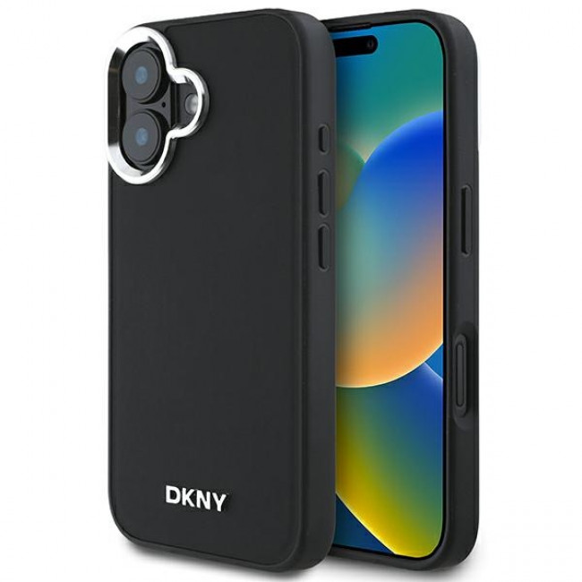 DKNY iPhone 16 - Plain Silver Logo MagSafe Σκληρή Θήκη με Επένδυση Συνθετικού Δέρματος - Black