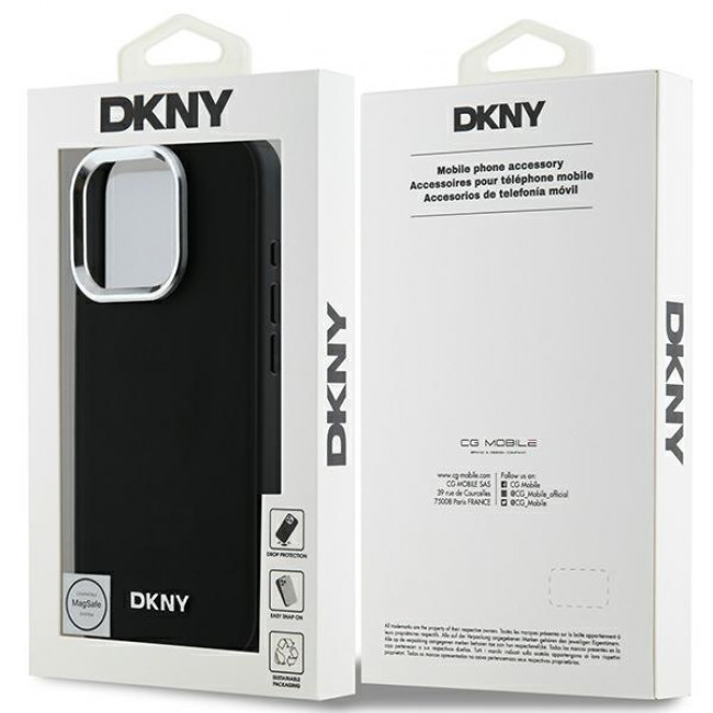 DKNY iPhone 16 Pro Max - Plain Silver Logo MagSafe Σκληρή Θήκη με Επένδυση Συνθετικού Δέρματος - Black