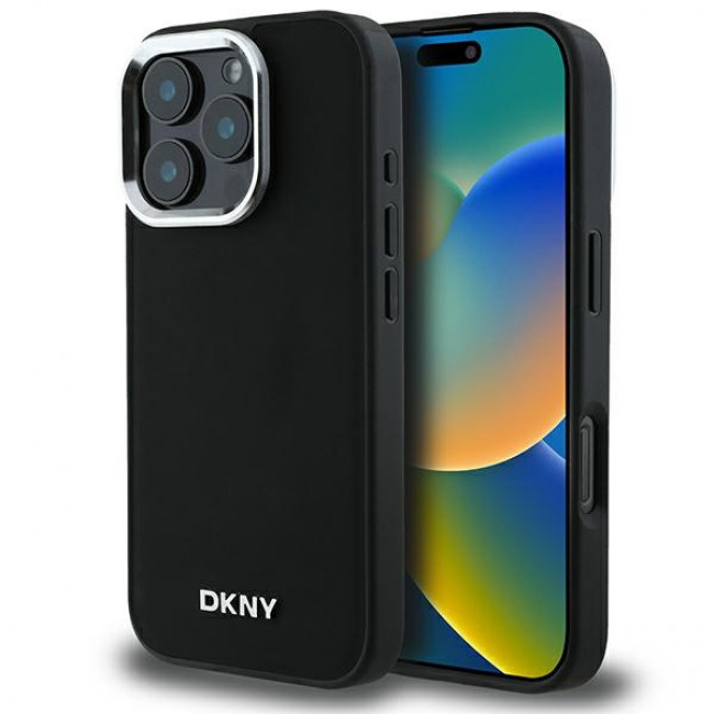 DKNY iPhone 16 Pro Max - Plain Silver Logo MagSafe Σκληρή Θήκη με Επένδυση Συνθετικού Δέρματος - Black