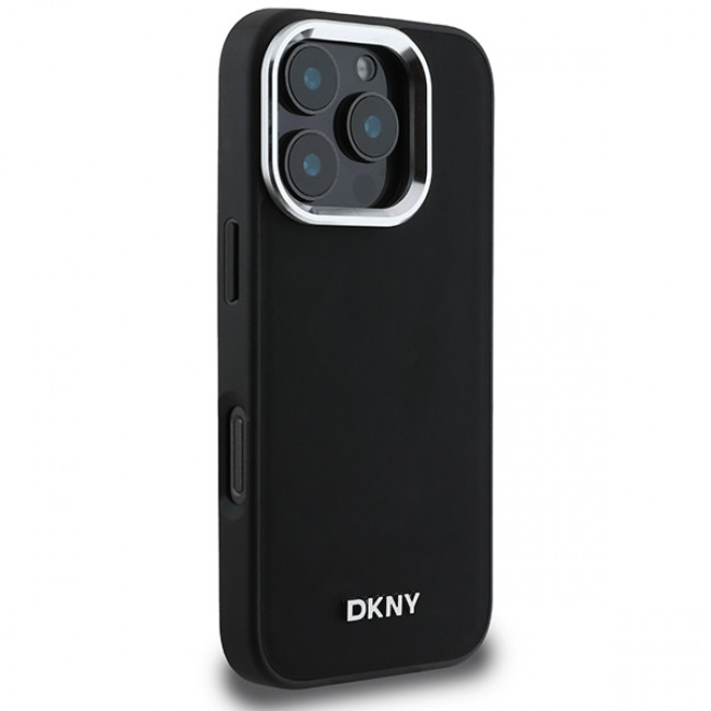 DKNY iPhone 16 Pro Max - Plain Silver Logo MagSafe Σκληρή Θήκη με Επένδυση Συνθετικού Δέρματος - Black