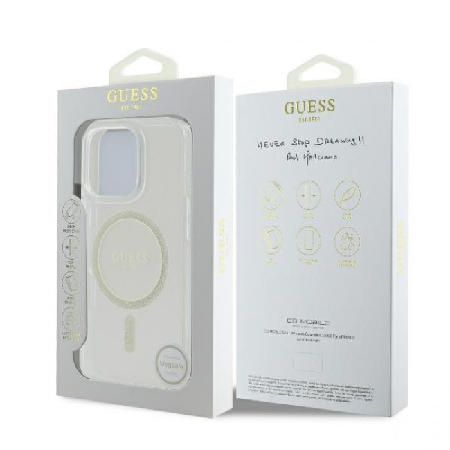 Guess iPhone 16 Pro - IML Glitter Circle - Magsafe Σκληρή Θήκη με Πλαίσιο Σιλικόνης - Clear - GUHMP16LHFGERET