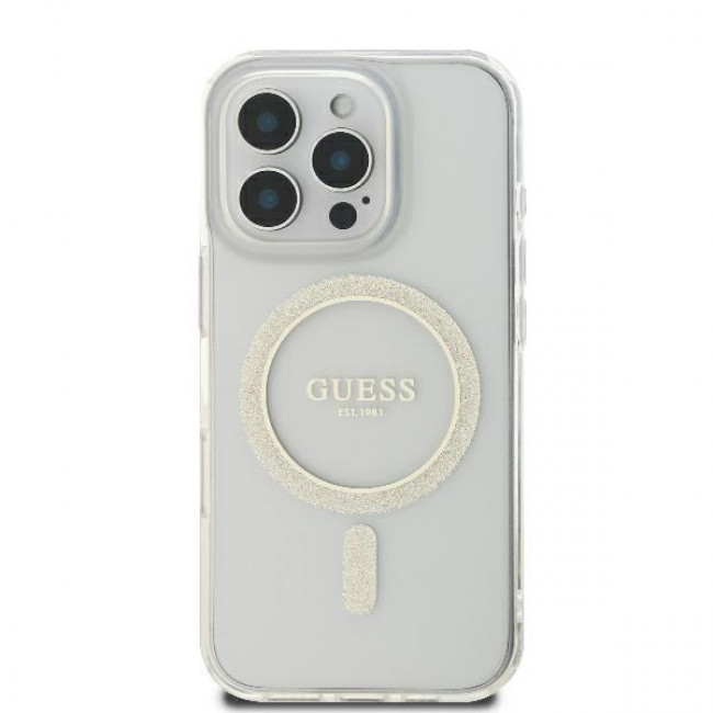 Guess iPhone 16 Pro - IML Glitter Circle - Magsafe Σκληρή Θήκη με Πλαίσιο Σιλικόνης - Clear - GUHMP16LHFGERET