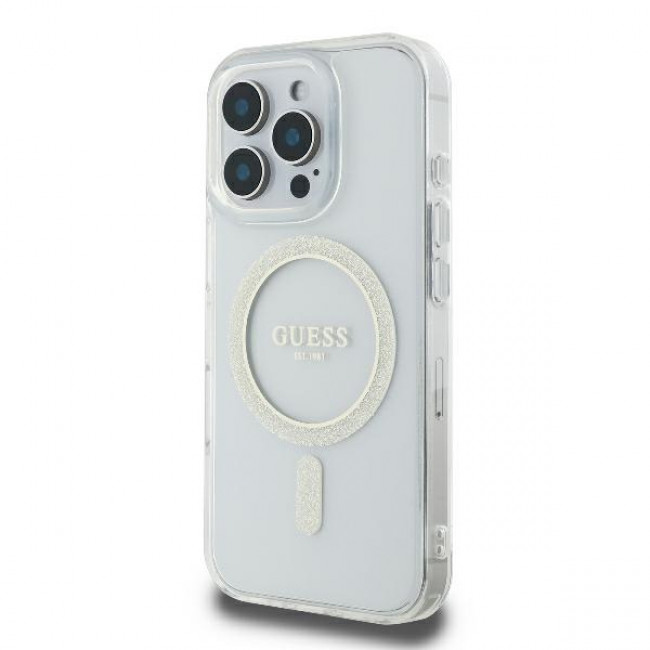 Guess iPhone 16 Pro - IML Glitter Circle - Magsafe Σκληρή Θήκη με Πλαίσιο Σιλικόνης - Clear - GUHMP16LHFGERET