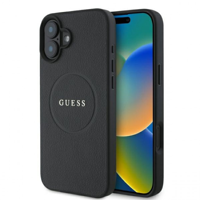 Guess iPhone 16 - Grained Ring MagSafe - Σκληρή Θήκη από Οικολογικό Δέρμα - Black - GUHMP16SPGHSMMK