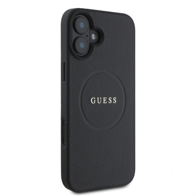 Guess iPhone 16 - Grained Ring MagSafe - Σκληρή Θήκη από Οικολογικό Δέρμα - Black - GUHMP16SPGHSMMK