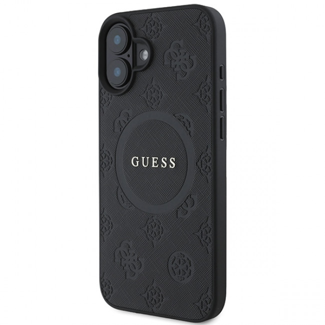 Guess iPhone 16 - Saffiano Peony Classic Logo - MagSafe Σκληρή Θήκη με Πλαίσιο Σιλικόνης και Συνθετικό Δέρμα - Black - GUHMP16SPSAPSMEK