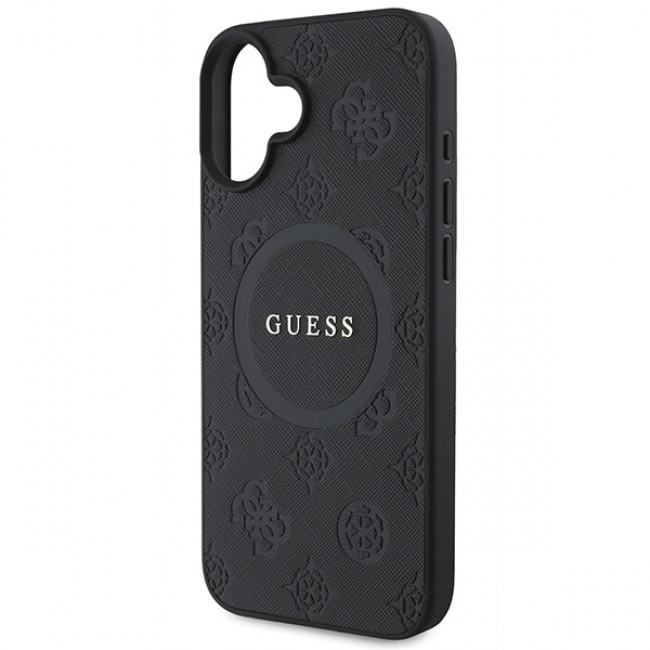 Guess iPhone 16 - Saffiano Peony Classic Logo - MagSafe Σκληρή Θήκη με Πλαίσιο Σιλικόνης και Συνθετικό Δέρμα - Black - GUHMP16SPSAPSMEK