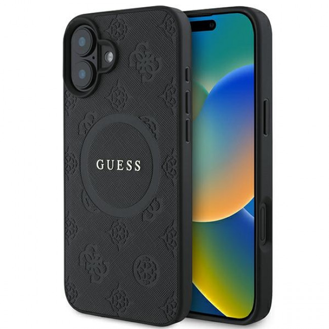 Guess iPhone 16 - Saffiano Peony Classic Logo - MagSafe Σκληρή Θήκη με Πλαίσιο Σιλικόνης και Συνθετικό Δέρμα - Black - GUHMP16SPSAPSMEK