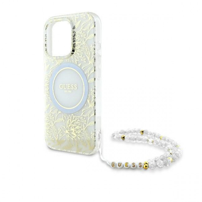 Guess iPhone 16 Pro Max - IML Flowers Allover Electro With Pearl Strap MagSafe - Σκληρή Θήκη με Πλαίσιο Σιλικόνης και Λουράκι - White / Διάφανη - GUHMP16XHCPOFPH