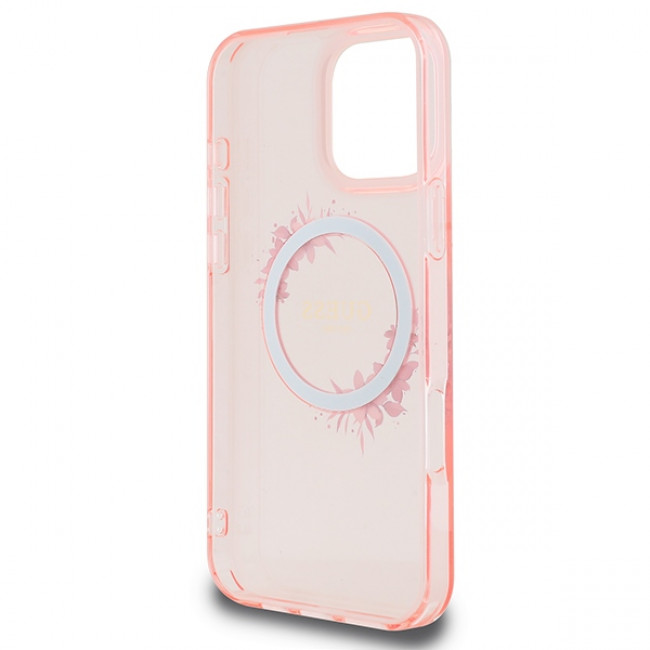 Guess iPhone 16 Pro Max - IML Flowers Wreath - MagSafe Σκληρή Θήκη με Πλαίσιο Σιλικόνης - Pink - GUHMP16XHFWFCP