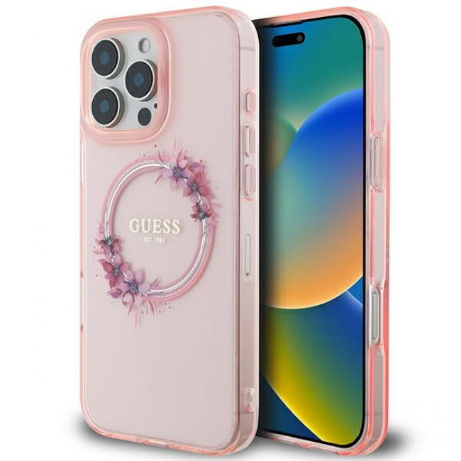 Guess iPhone 16 Pro Max - IML Flowers Wreath - MagSafe Σκληρή Θήκη με Πλαίσιο Σιλικόνης - Pink - GUHMP16XHFWFCP