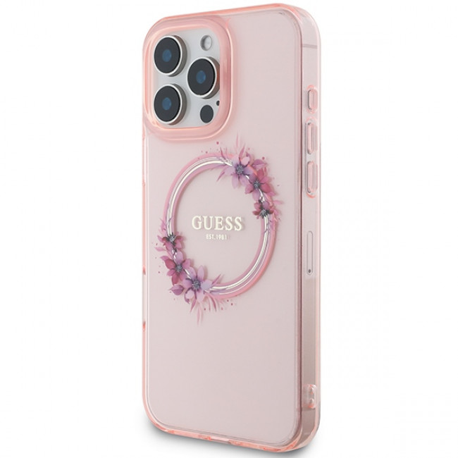 Guess iPhone 16 Pro Max - IML Flowers Wreath - MagSafe Σκληρή Θήκη με Πλαίσιο Σιλικόνης - Pink - GUHMP16XHFWFCP