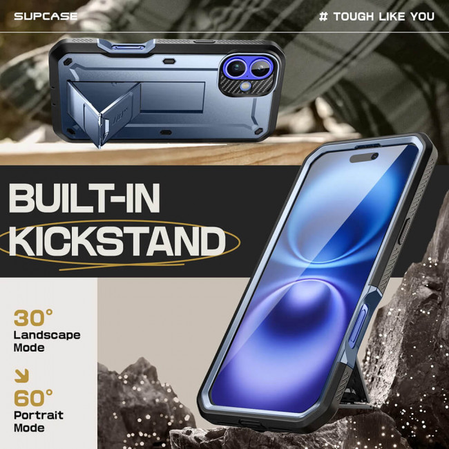 Supcase iPhone 16 Unicorn Beetle Pro Σκληρή Θήκη με Προστασία Οθόνης και Stand - Metallic Blue