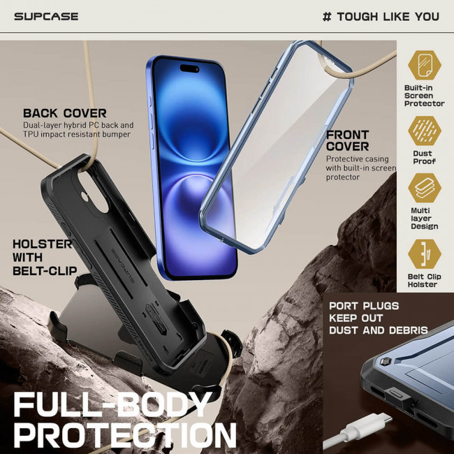 Supcase iPhone 16 Unicorn Beetle Pro Σκληρή Θήκη με Προστασία Οθόνης και Stand - Metallic Blue