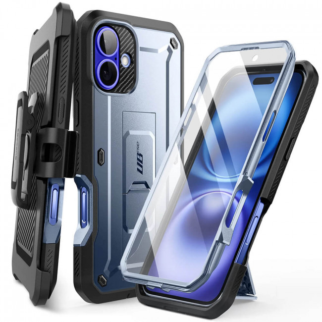 Supcase iPhone 16 Unicorn Beetle Pro Σκληρή Θήκη με Προστασία Οθόνης και Stand - Metallic Blue