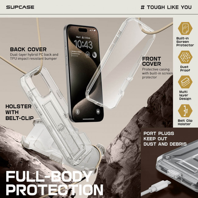 Supcase iPhone 16 Pro Unicorn Beetle Pro Σκληρή Θήκη με Προστασία Οθόνης και Stand - Διάφανη