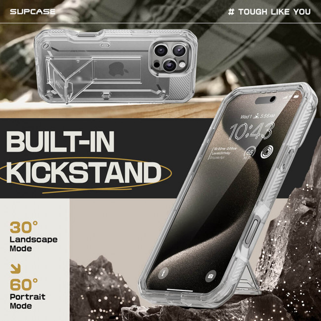 Supcase iPhone 16 Pro Unicorn Beetle Pro Σκληρή Θήκη με Προστασία Οθόνης και Stand - Διάφανη