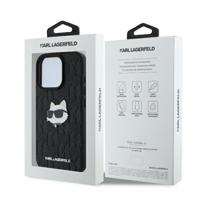 Karl Lagerfeld iPhone 16 Pro - Monogram Choupette Head Pin Σκληρή Θήκη με Επένδυση Συνθετικού Δέρματος  - Black - KLHCP16LPGKLCHPK