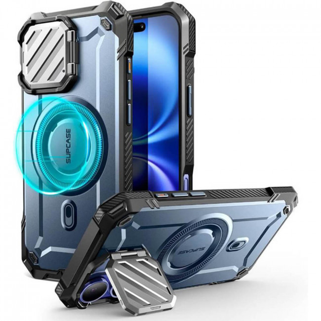 Supcase iPhone 16 - Unicorn Beetle XT MagSafe - Σκληρή Θήκη με Προστασία Οθόνης / Καμερών και Stand - Metallic Blue