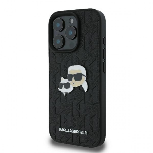 Karl Lagerfeld iPhone 16 Pro - Monogram Karl and Choupette Head Pin Σκληρή Θήκη με Επένδυση Συνθετικού Δέρματος  - Black - KLHCP16LPGKLKCPK