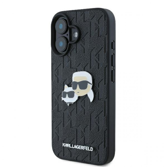 Karl Lagerfeld iPhone 16 Plus - Monogram Karl and Choupette Head Pin Σκληρή Θήκη με Επένδυση Συνθετικού Δέρματος  - Black - KLHCP16MPGKLKCPK