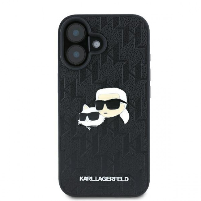 Karl Lagerfeld iPhone 16 Plus - Monogram Karl and Choupette Head Pin Σκληρή Θήκη με Επένδυση Συνθετικού Δέρματος  - Black - KLHCP16MPGKLKCPK