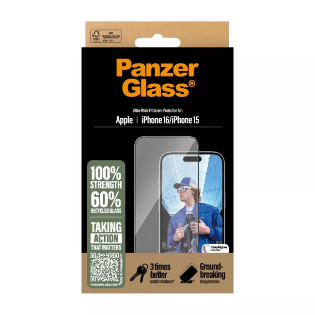 PanzerGlass iPhone 15 / iPhone 16 Ultra-Wide Fit Full Screen Αντιχαρακτικό Γυαλί Οθόνης - Black