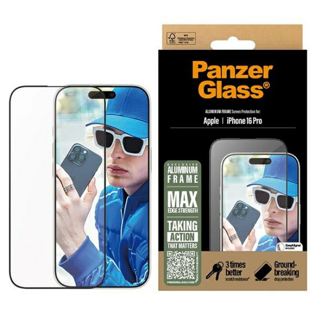 PanzerGlass iPhone 16 Pro Aluminum Frame Ultra-Wide Fit Full Screen Αντιχαρακτικό Γυαλί Οθόνης - Black