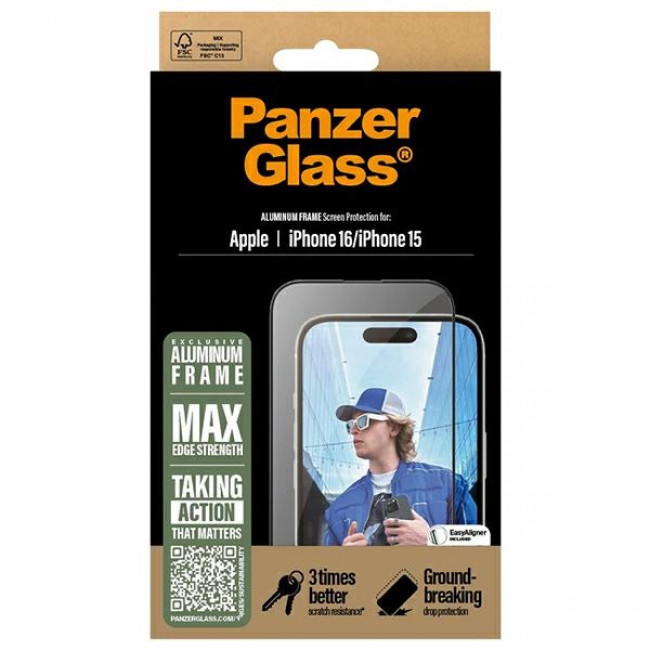 PanzerGlass iPhone 15 / iPhone 16 Aluminum Frame Ultra-Wide Fit Full Screen Αντιχαρακτικό Γυαλί Οθόνης - Black