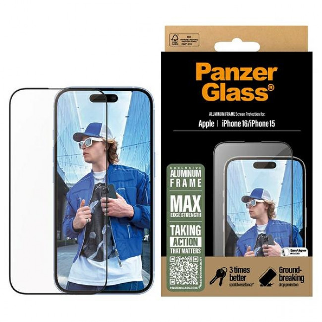 PanzerGlass iPhone 15 / iPhone 16 Aluminum Frame Ultra-Wide Fit Full Screen Αντιχαρακτικό Γυαλί Οθόνης - Black